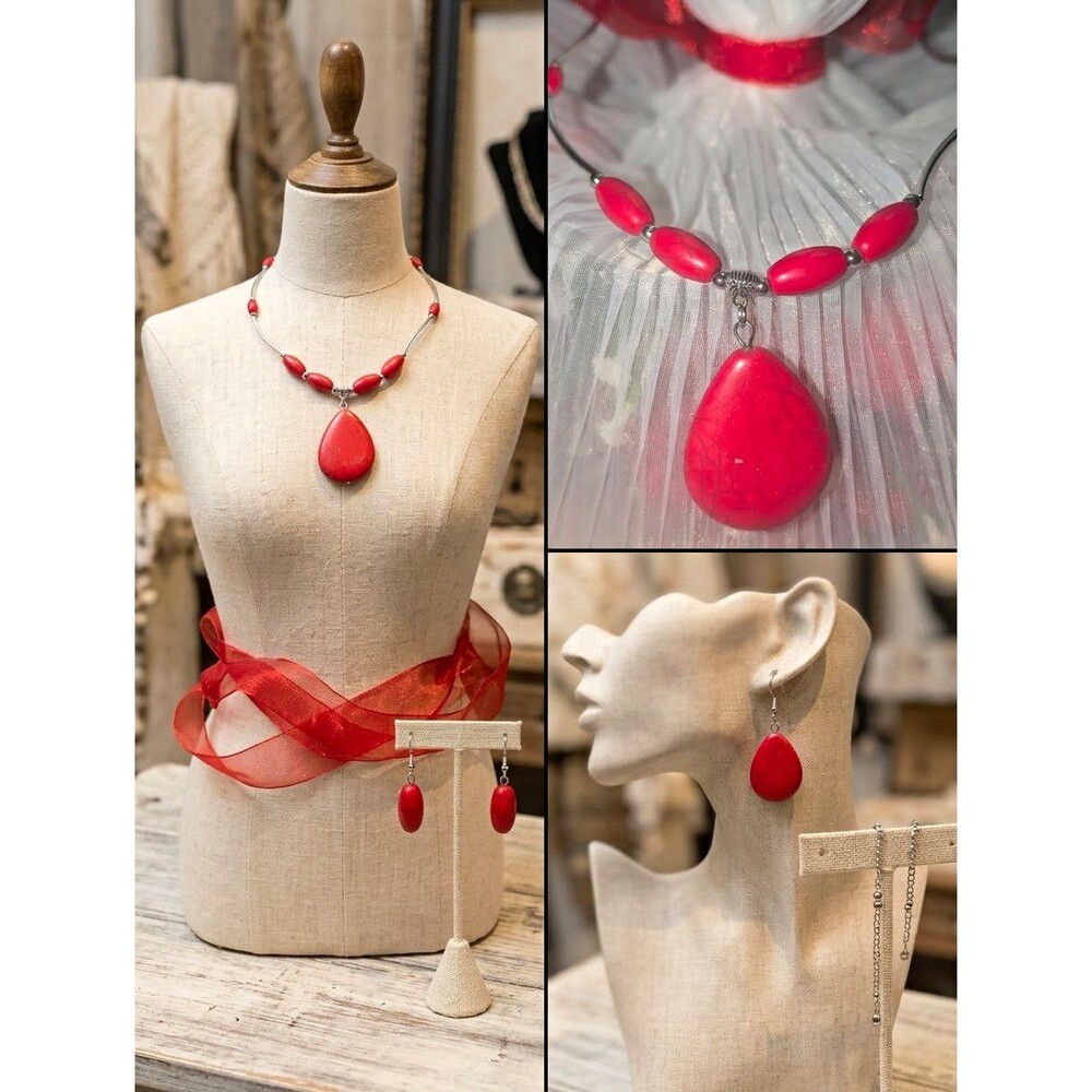 Red Beaded Teardrop Pendant Necklace with Dangle Hook Earrings Set Silver
